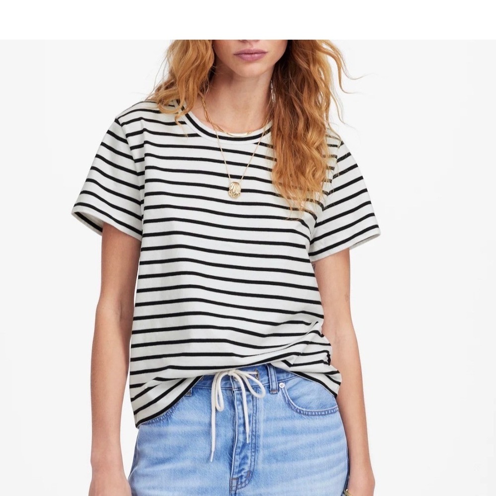 Madewell Womens The Perfect Crewneck Black Stripe Tee Allday Jersey XXS New - Picture 1 of 7